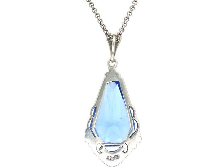 Art Deco Silver & Synthetic Blue Spinel Drop Pendant on a Silver Chain