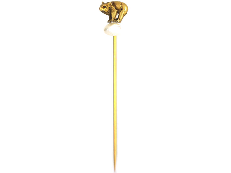 Edwardian 15ct Gold Tie Pin of a Polar Bear on a Baroque Pearl