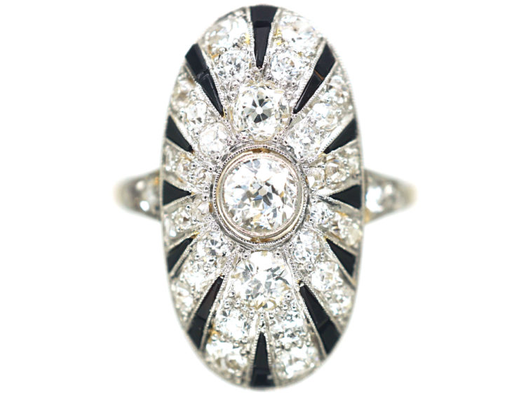 Art Deco 18ct Gold & Platinum Diamond & Onyx Oval Ring