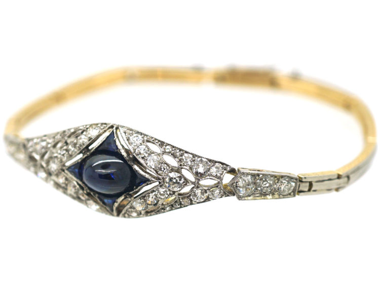 Art Deco 14ct Gold & Platinum, Cabochon Sapphire & Diamond Bracelet