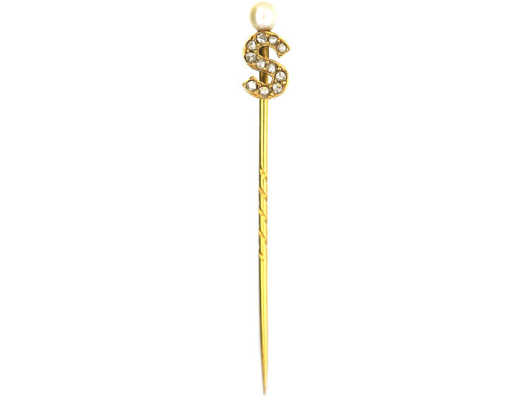 Edwardian 15ct Gold Tie Pin with an S & a Natural Pearl