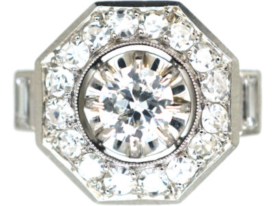 French Art Deco Platinum Octagonal Shaped Diamond Ring