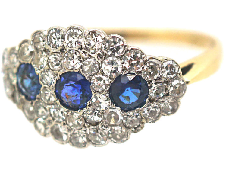 Mid-Century 18ct Gold & Platinum Three Stone Sapphire & Diamond Cluster Ring