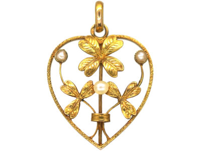 French Belle Epoque 18ct Gold Heart Pendant set with Natural Pearls