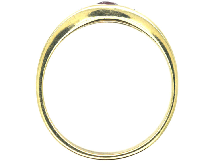 14ct Gold, Ruby & Diamond Three Stone Rub Over Set Ring