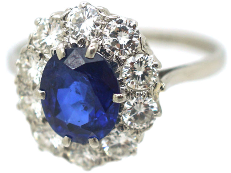 Mid-Century Platinum Sapphire & Diamond Cluster Ring