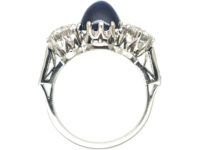 Art Deco Platinum, Cabochon Sapphire & Diamond Three Stone Ring