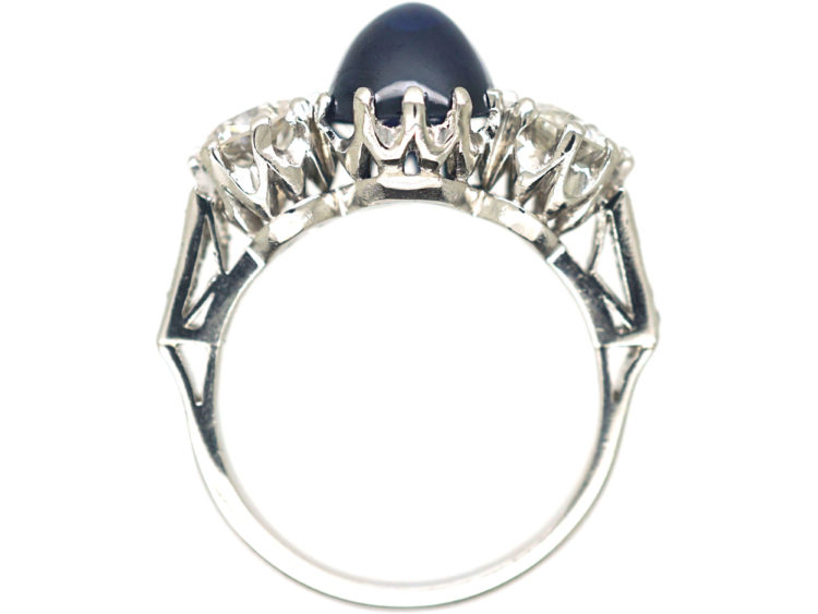 Art Deco Platinum, Cabochon Sapphire & Diamond Three Stone Ring