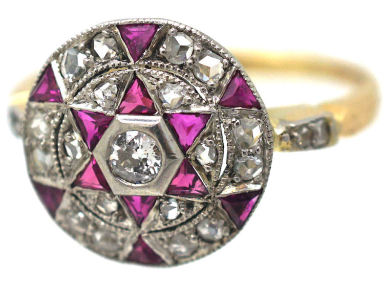 Art Deco 18ct Gold & Platinum, Ruby & Diamond Target Ring