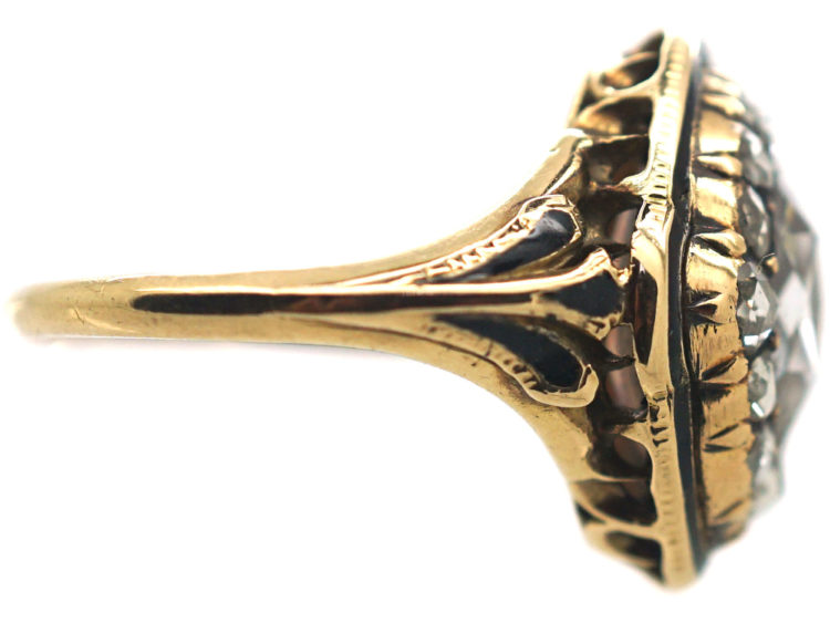Victorian 18ct Gold & Black Enamel, Rose Diamond Ring with Pear Shaped Rose Diamond in the Centre