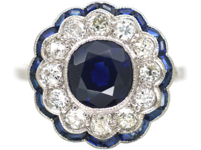 Art Deco Platinum, Diamond & Sapphire Cluster Ring