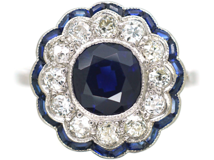 Art Deco Platinum, Diamond & Sapphire Cluster Ring