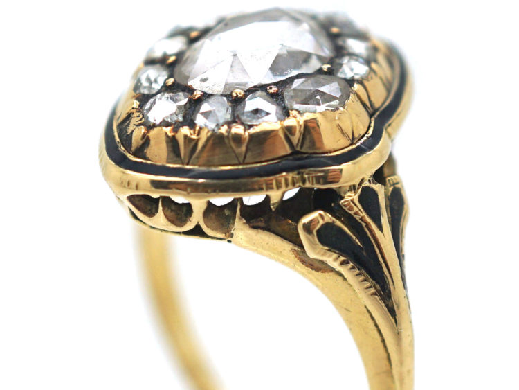 Victorian 18ct Gold & Black Enamel, Rose Diamond Ring with Pear Shaped Rose Diamond in the Centre