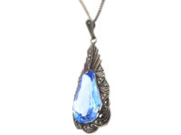 Art Deco Silver & Synthetic Pear Shaped Blue Spinel Pendant on a Silver Chain