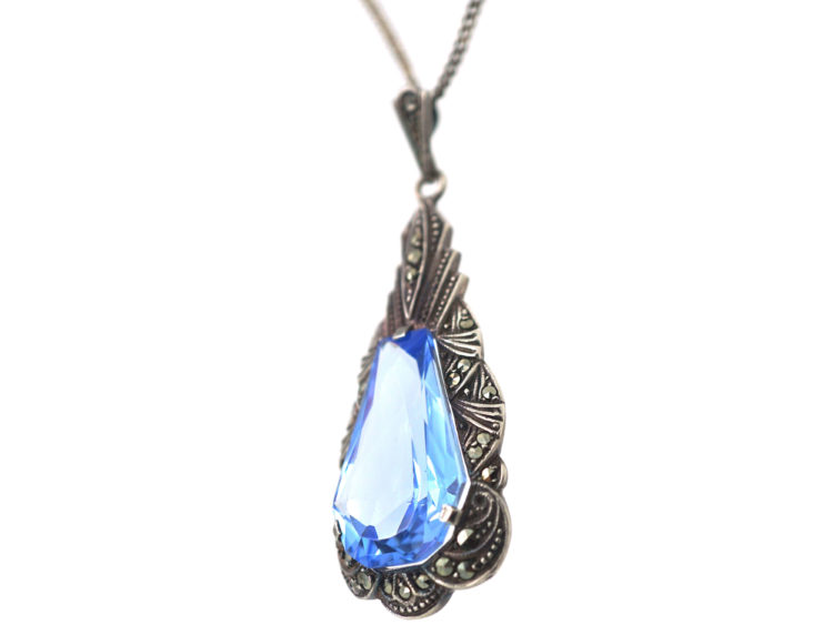 Art Deco Silver & Synthetic Pear Shaped Blue Spinel Pendant on a Silver Chain
