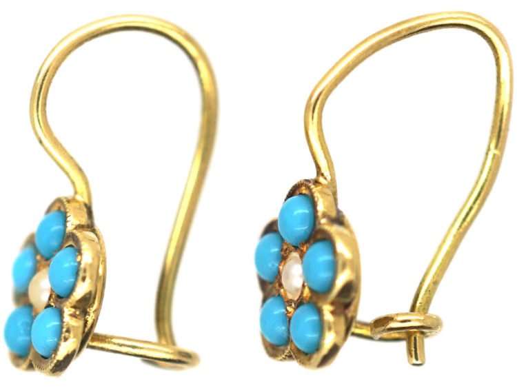Edwardian 18ct Gold, Turquoise & Natural Split Pearl Forget Me Not Flower Earrings