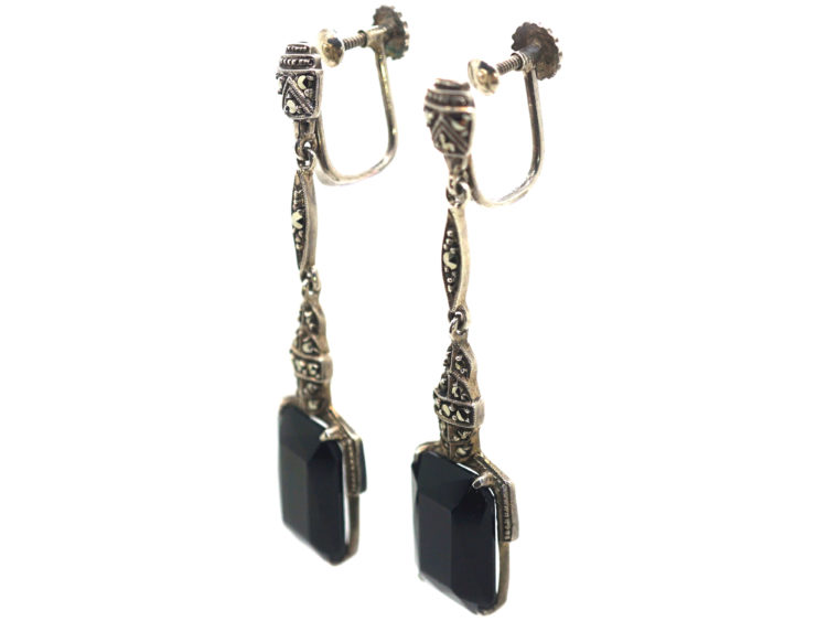 Art Deco Silver Onyx & Marcasite Drop Earrings