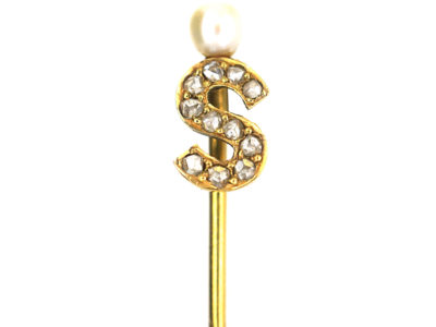 Edwardian 15ct Gold Tie Pin with an S & a Natural Pearl