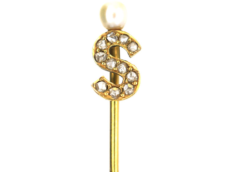 Edwardian 15ct Gold Tie Pin with an S & a Natural Pearl