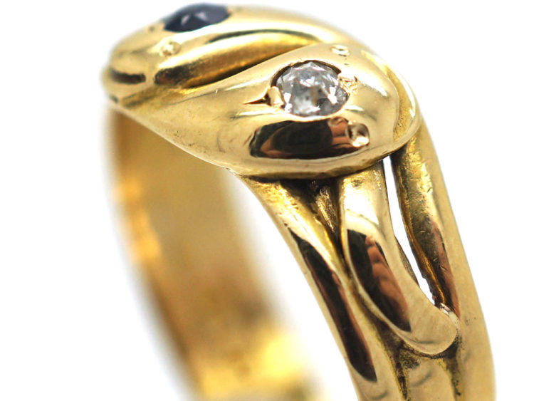 Victorian 18ct Gold Double Snake Ring set with a Sapphire & a Diamond
