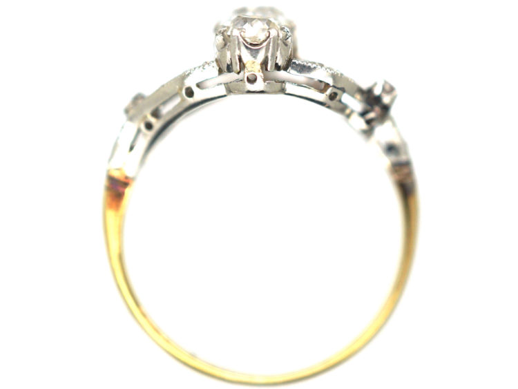 Belle Epoque 18ct Gold & Platinum Diamond Three Stone Ring with Leaf Shoulders