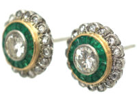 Art Deco 18ct Gold & Platinum, Emerald & Diamond Target Earrings