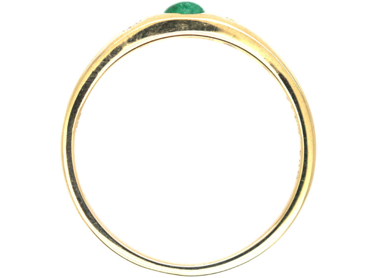 14ct Gold Diamond & Emerald Three Stone Rub Over Set Ring