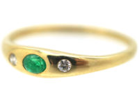 14ct Gold Diamond & Emerald Three Stone Rub Over Set Ring
