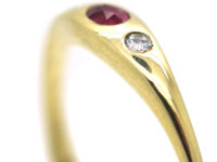 14ct Gold, Ruby & Diamond Three Stone Rub Over Set Ring