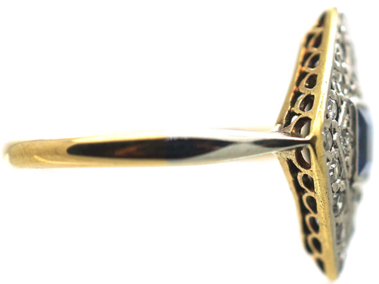 Art Deco 18ct Gold & Platinum, Diamond Shape Sapphire & Diamond Ring