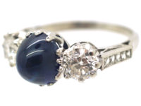 Art Deco Platinum, Cabochon Sapphire & Diamond Three Stone Ring