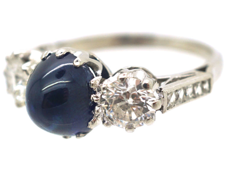 Art Deco Platinum, Cabochon Sapphire & Diamond Three Stone Ring