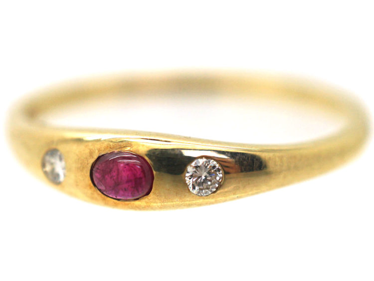 14ct Gold Ruby & Diamond Three Stone Rub Over Set Ring