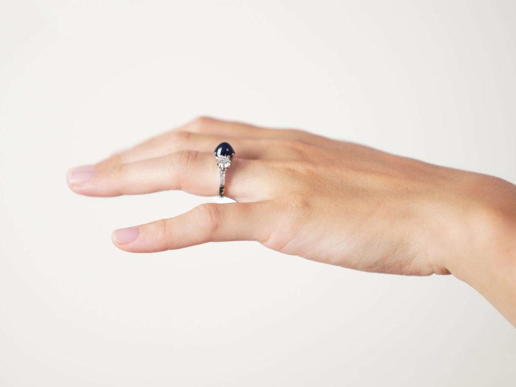 Art Deco Platinum, Cabochon Sapphire & Diamond Three Stone Ring