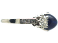 Art Deco Platinum, Cabochon Sapphire & Diamond Three Stone Ring