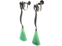 Art Deco Silver, Amazonite, Onyx & Marcasite Drop Earrings
