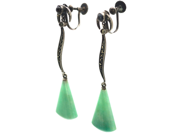 Art Deco Silver, Amazonite, Onyx & Marcasite Drop Earrings