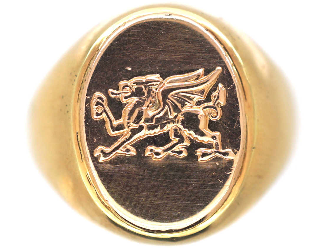 9ct Gold Signet Ring with Welsh Dragon Motif (89P) | The Antique ...