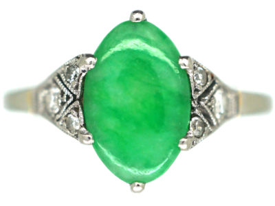 Art Deco 18ct White Gold & Platinum, Jade & Diamond Ring
