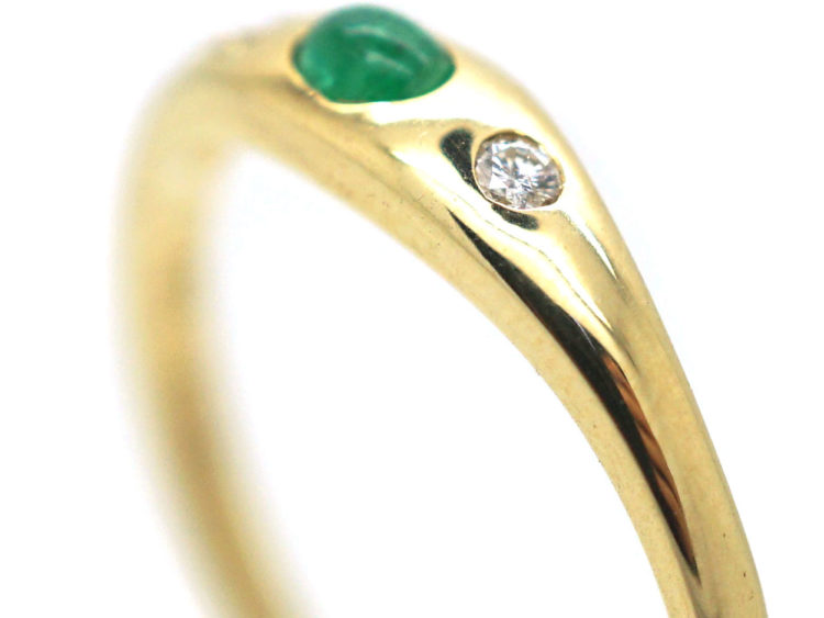 14ct Gold Diamond & Emerald Three Stone Rub Over Set Ring