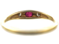 14ct Gold Ruby & Diamond Three Stone Rub Over Set Ring