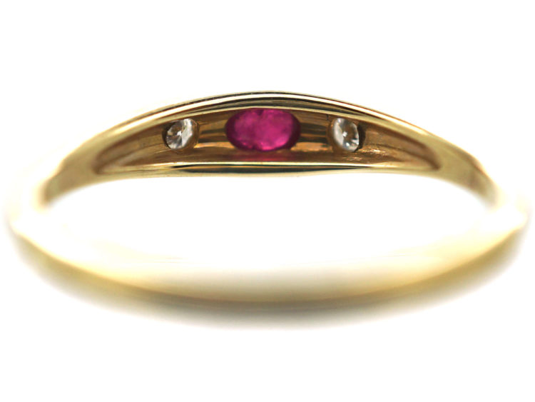 14ct Gold Ruby & Diamond Three Stone Rub Over Set Ring