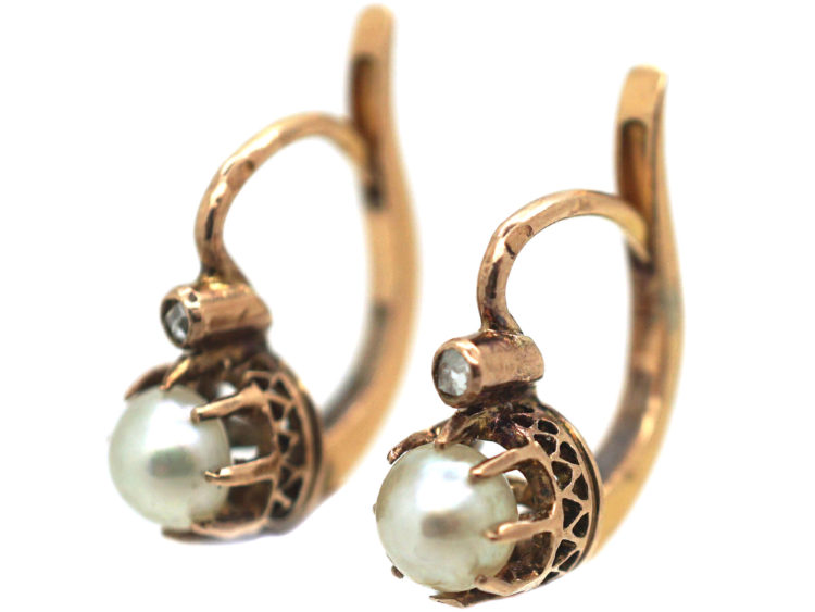 18ct Gold, Natural Pearl & Rose Diamond Earrings