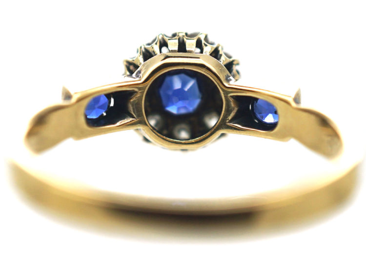 Edwardian 18ct Gold, Sapphire & Diamond Cluster Ring with Sapphire Shoulders