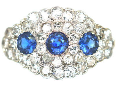 Mid-Century 18ct Gold & Platinum Three Stone Sapphire & Diamond Cluster Ring