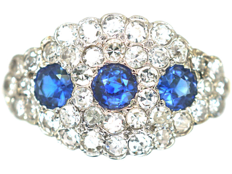 Mid-Century 18ct Gold & Platinum Three Stone Sapphire & Diamond Cluster Ring