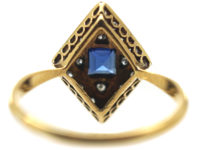 Art Deco 18ct Gold & Platinum, Diamond Shape Sapphire & Diamond Ring