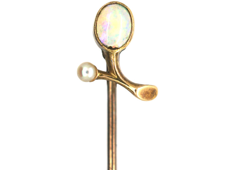 Edwardian 15ct Gold, Opal & Natural Split Pearl Sprig Tie Pin