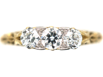 Edwardian 18ct Gold Three Stone Diamond Carved Half Hoop Ring