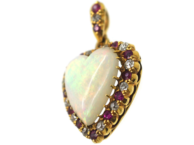 Edwardian 18ct Gold Heart Shaped Opal Diamond & Ruby Pendant